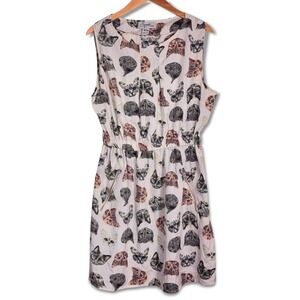 Vintage Judgy Cats Face Print Spoon Jeans Dress XL Cream Blouson Silky Pockets